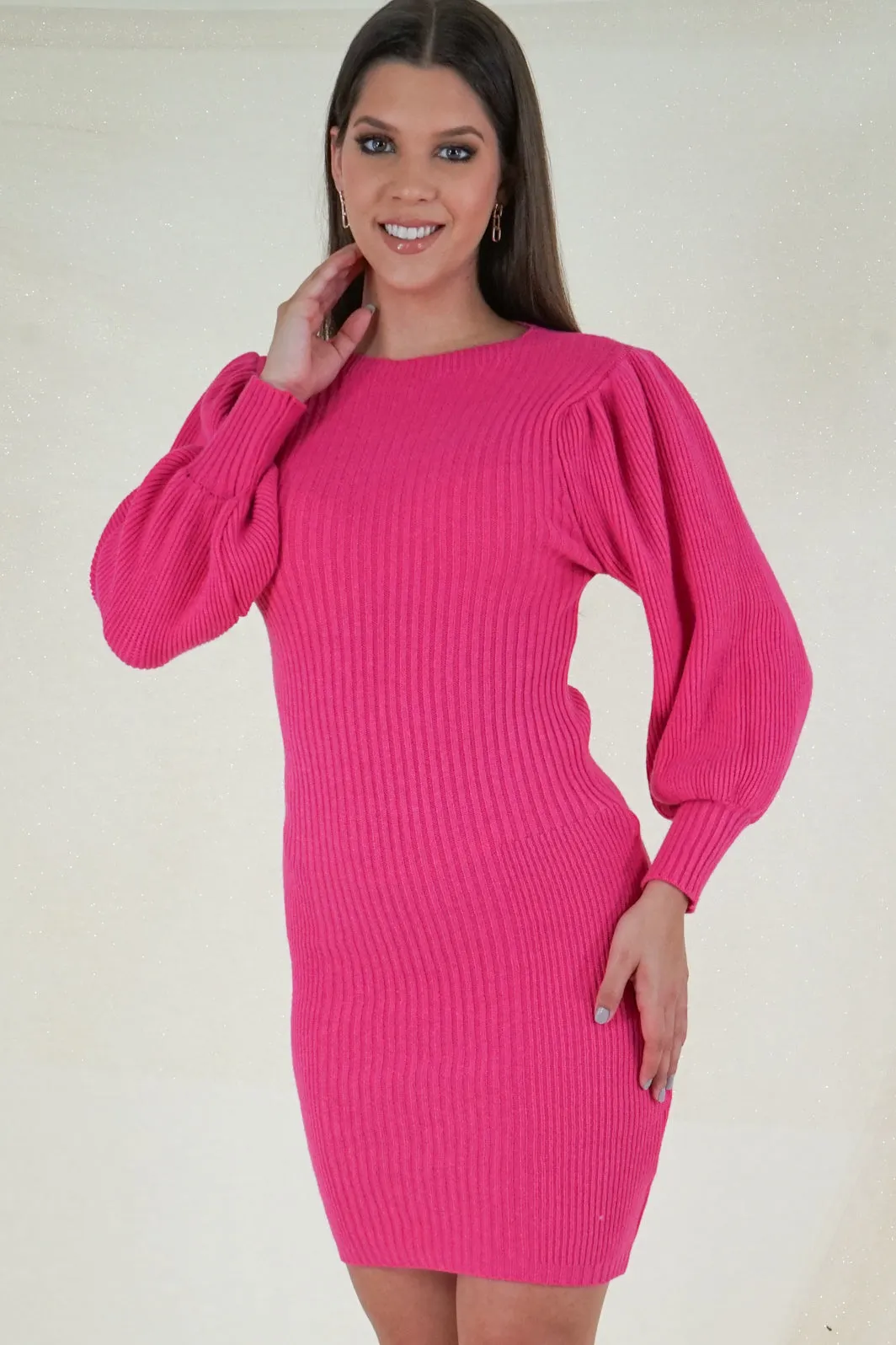 Fuchsia Long Sleeves Knit Sweater Dress