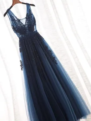 Glamorous Navy Blue Lace Tulle V Neck See Through Prom Dress