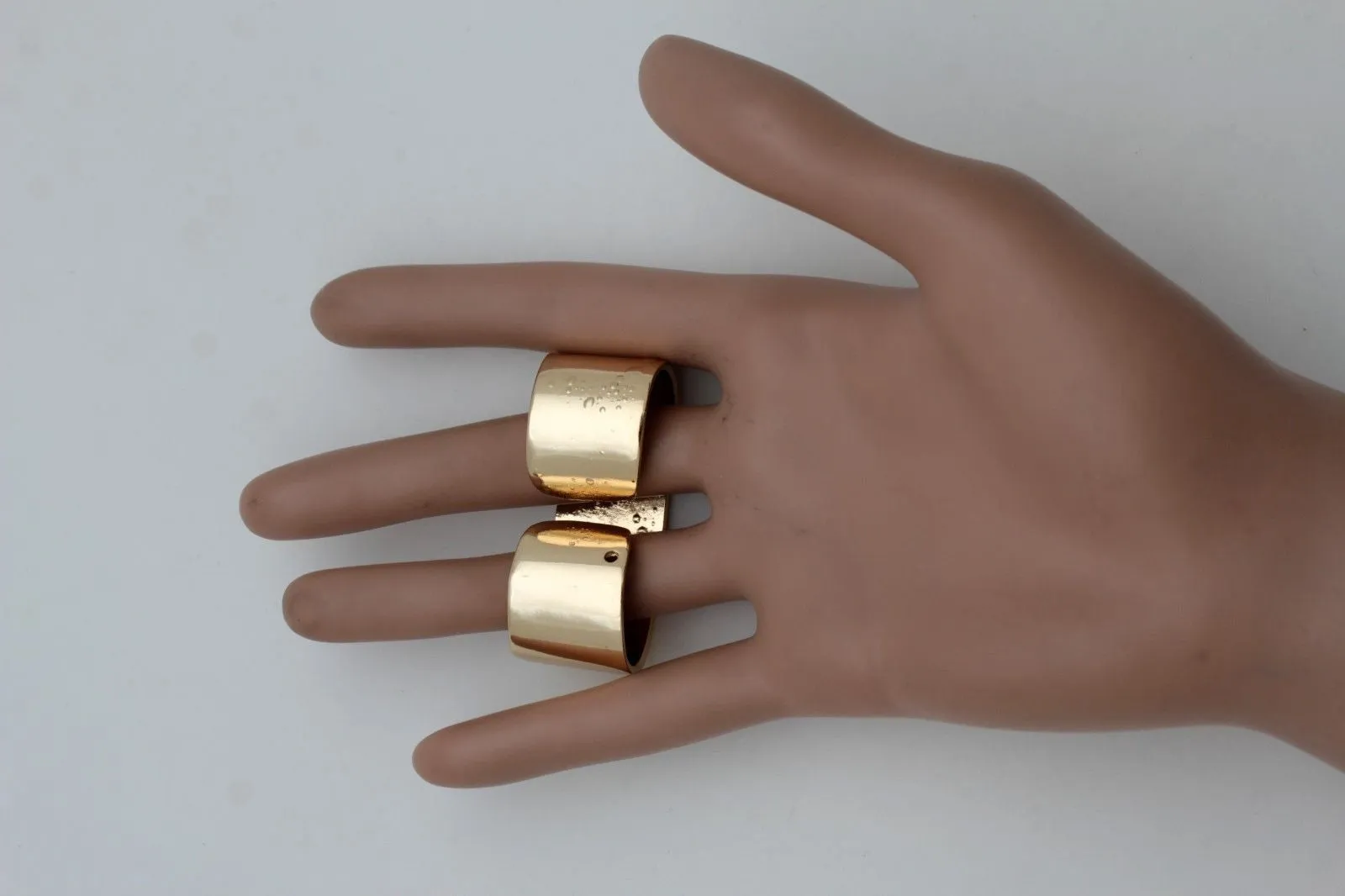 Gold Metal Wide Band 2 Finger Religious Cross Bling Ring Women Trendy