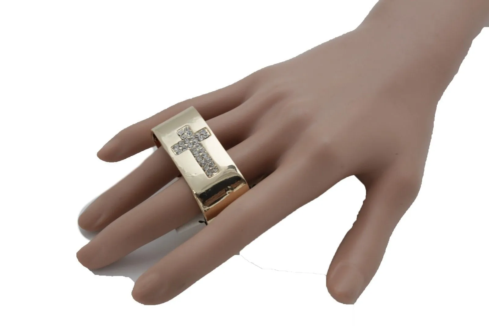 Gold Metal Wide Band 2 Finger Religious Cross Bling Ring Women Trendy