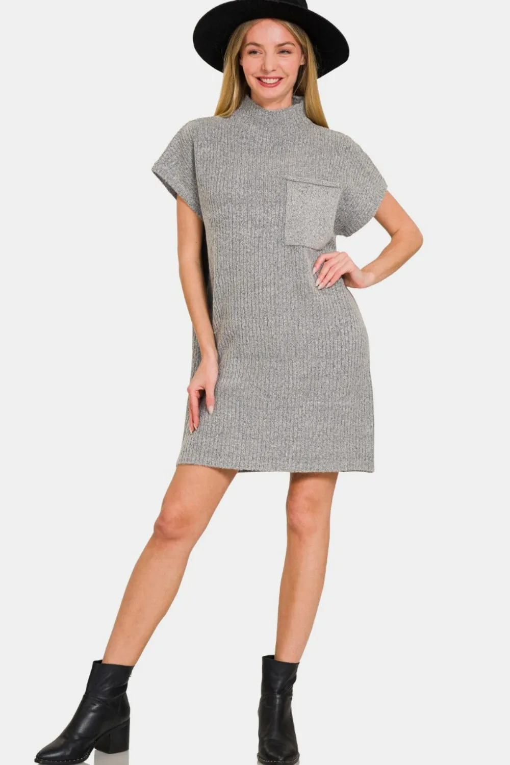 Gray Short Sleeve Sweater Mini Dress