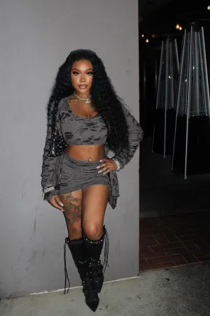 Hole Long Sleeve Irregular Hem Mini Skirt Set