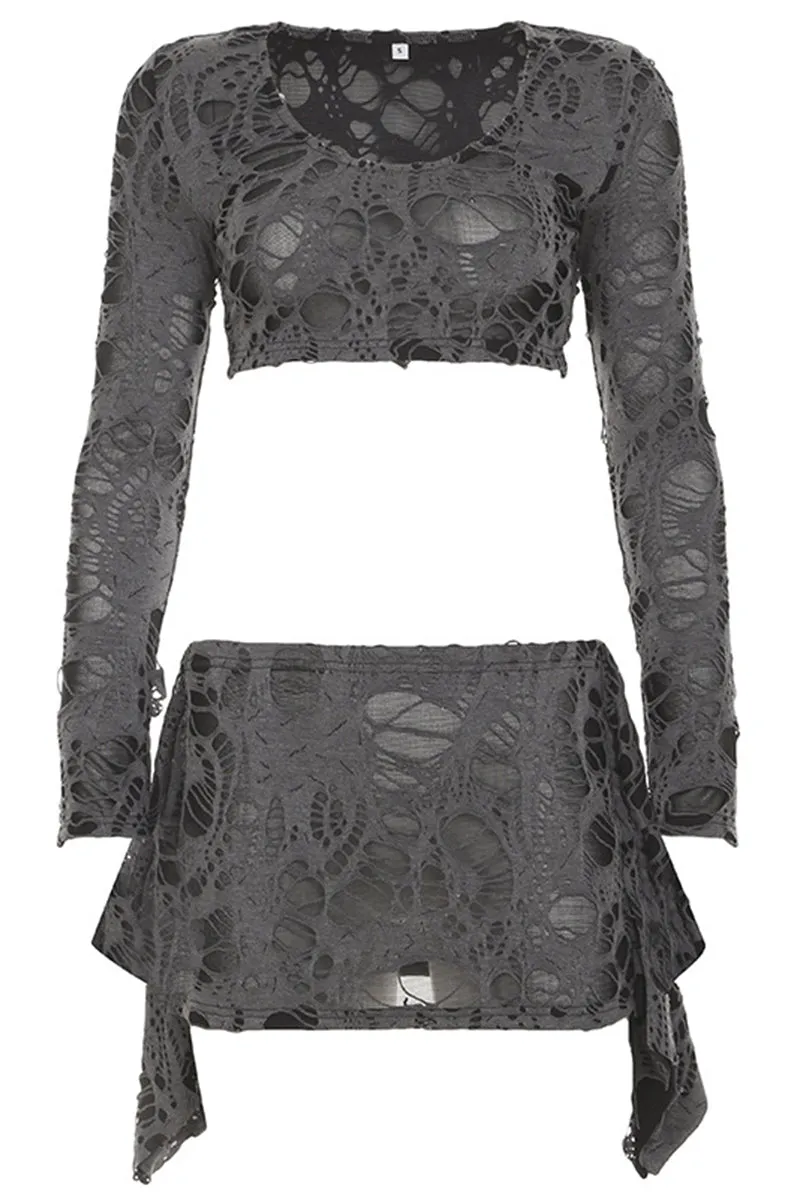 Hole Long Sleeve Irregular Hem Mini Skirt Set