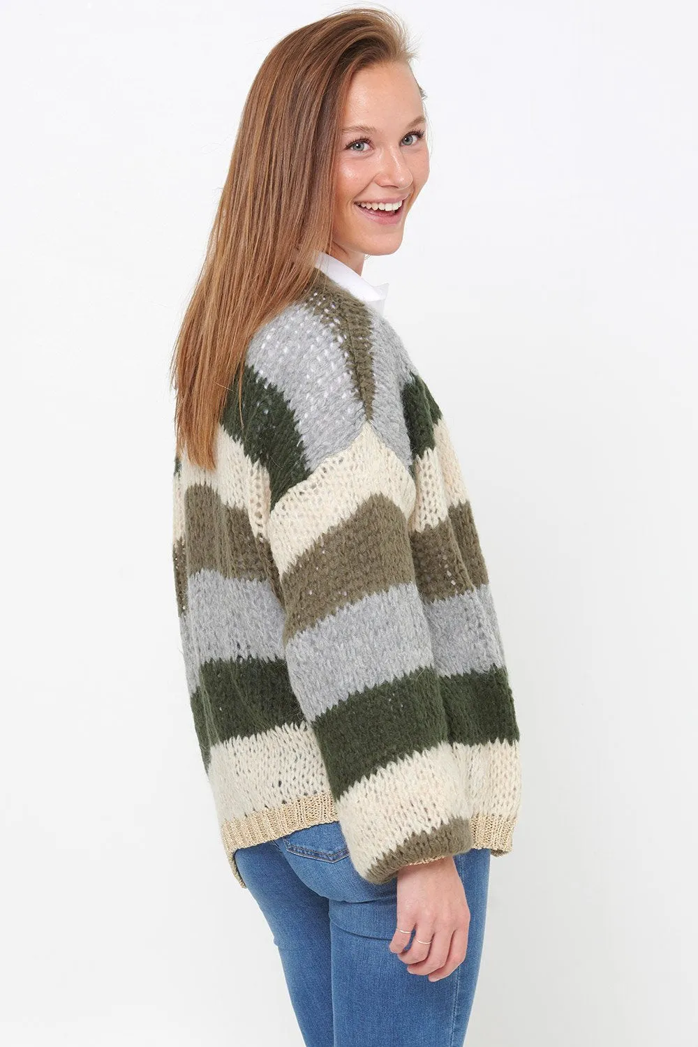 Kala Knit Cardigan Wool - Army/Beige Stripes
