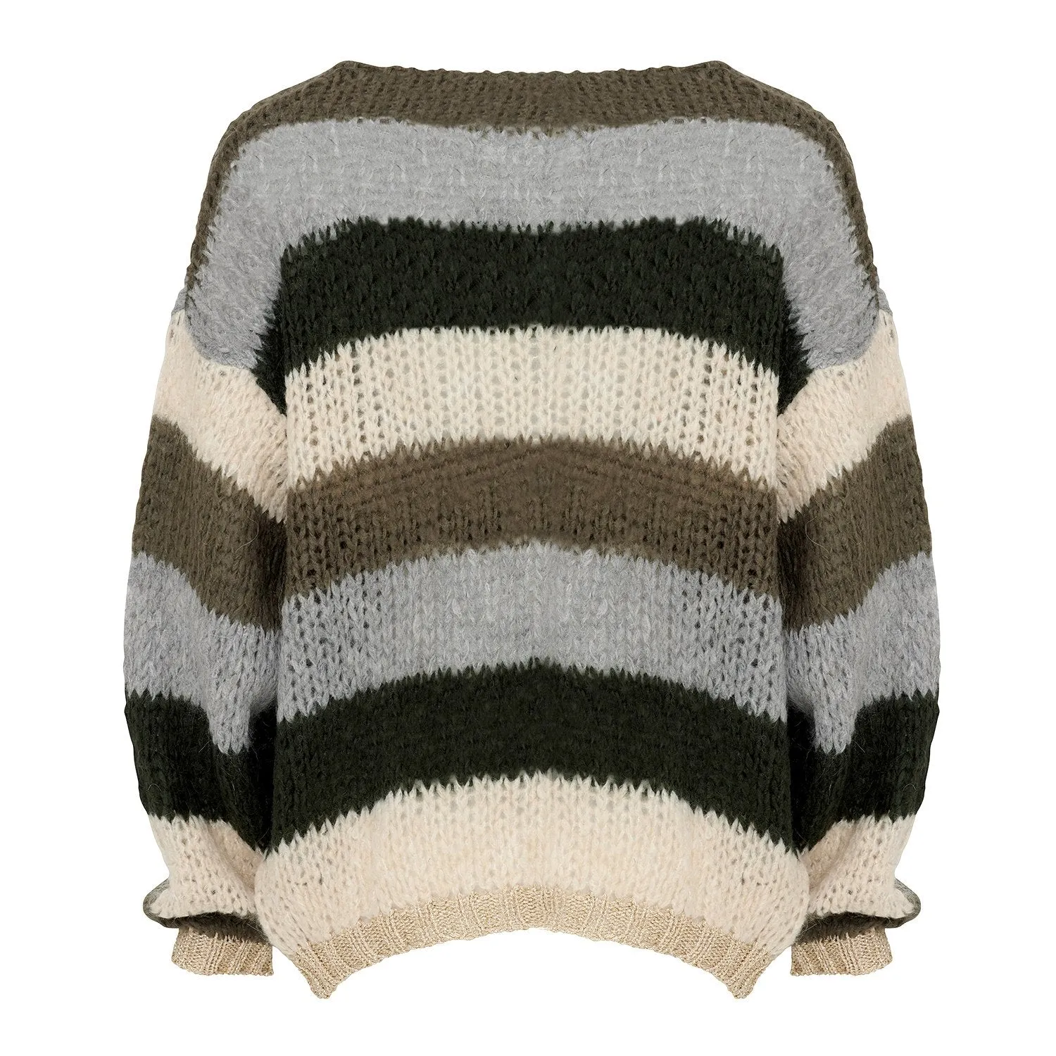 Kala Knit Cardigan Wool - Army/Beige Stripes