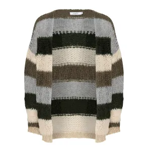 Kala Knit Cardigan Wool - Army/Beige Stripes
