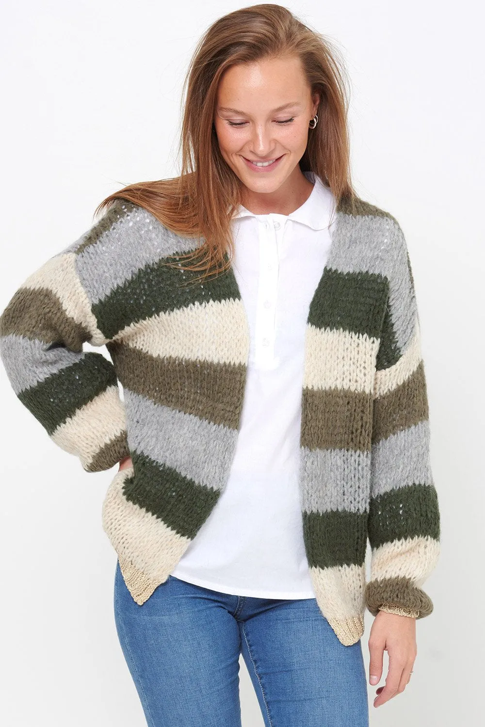 Kala Knit Cardigan Wool - Army/Beige Stripes
