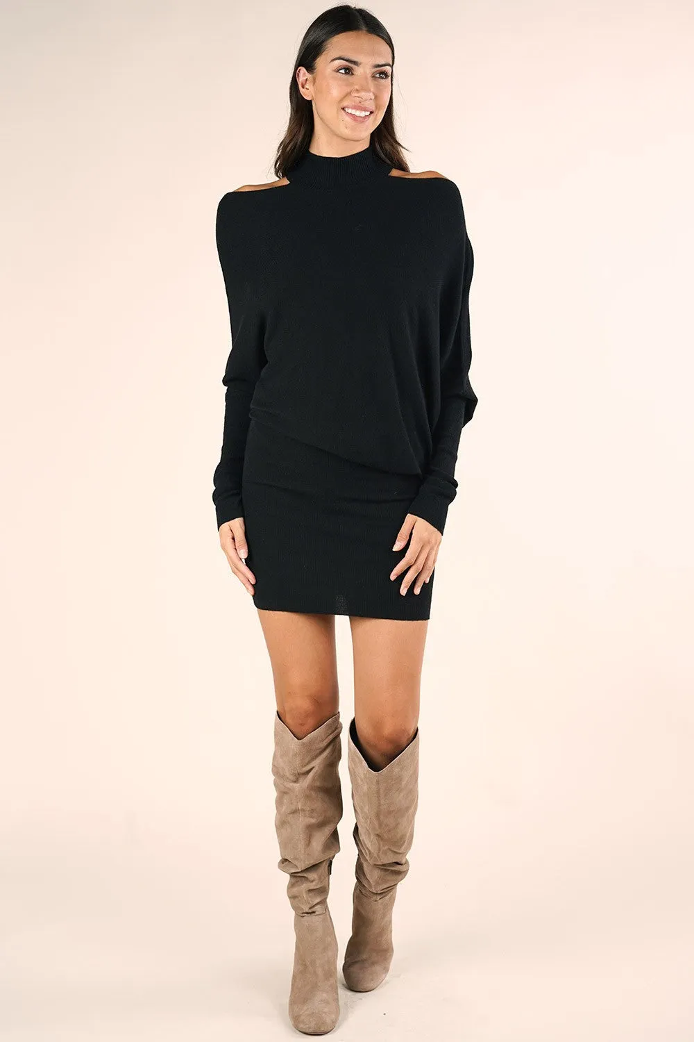 Knit Cold Shoulder Drape Sweater Holiday Dress