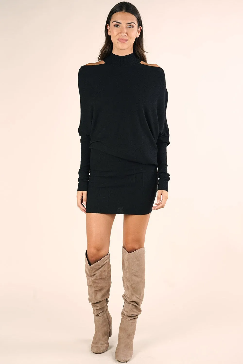 Knit Cold Shoulder Drape Sweater Holiday Dress