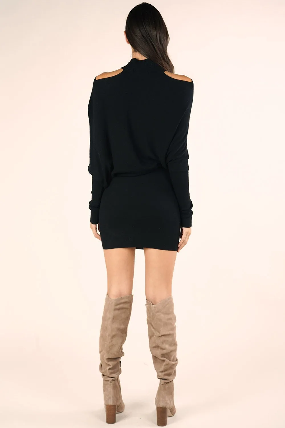 Knit Cold Shoulder Drape Sweater Holiday Dress
