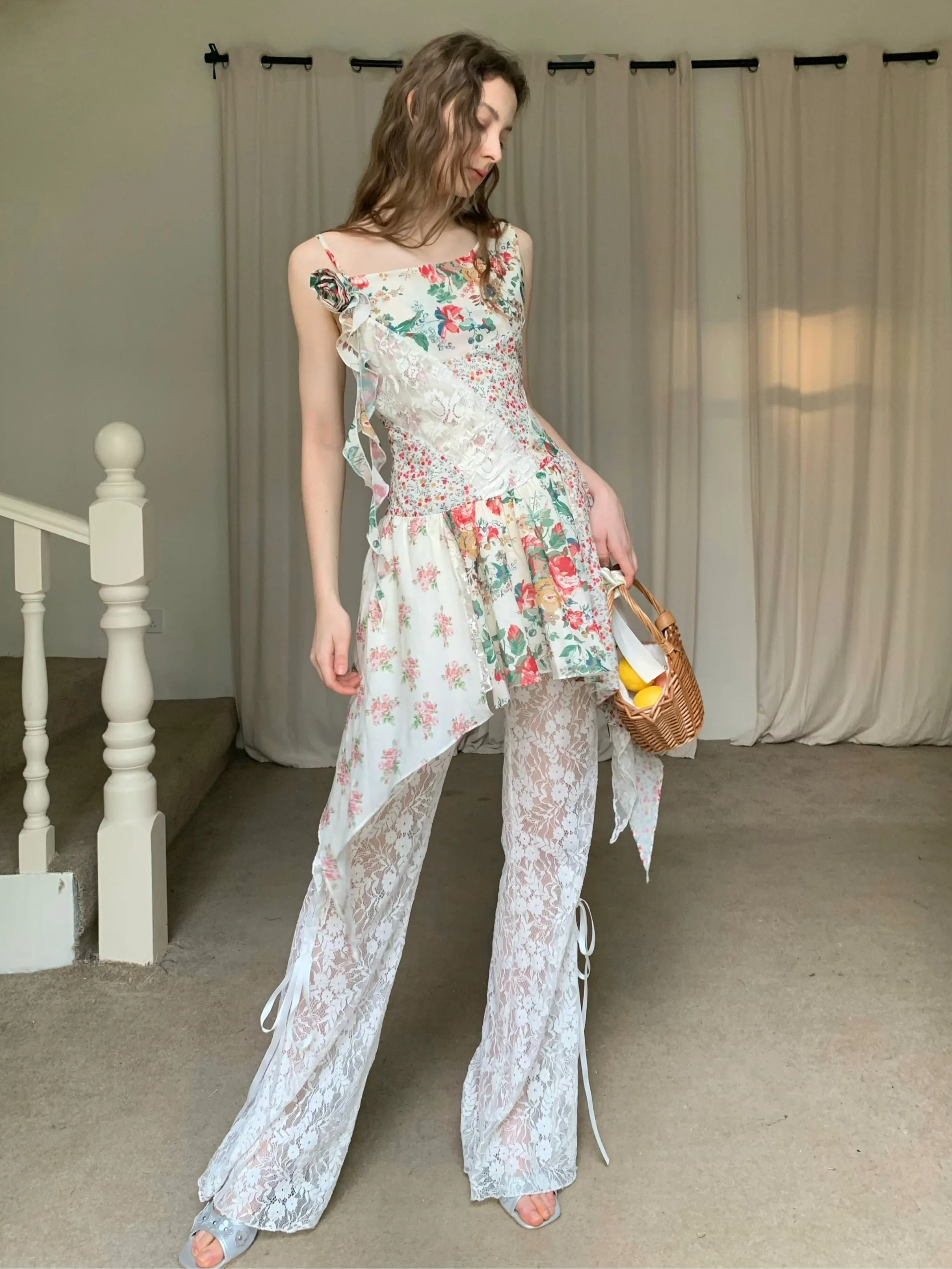 Lace Mesh Cut-out Flared Pants