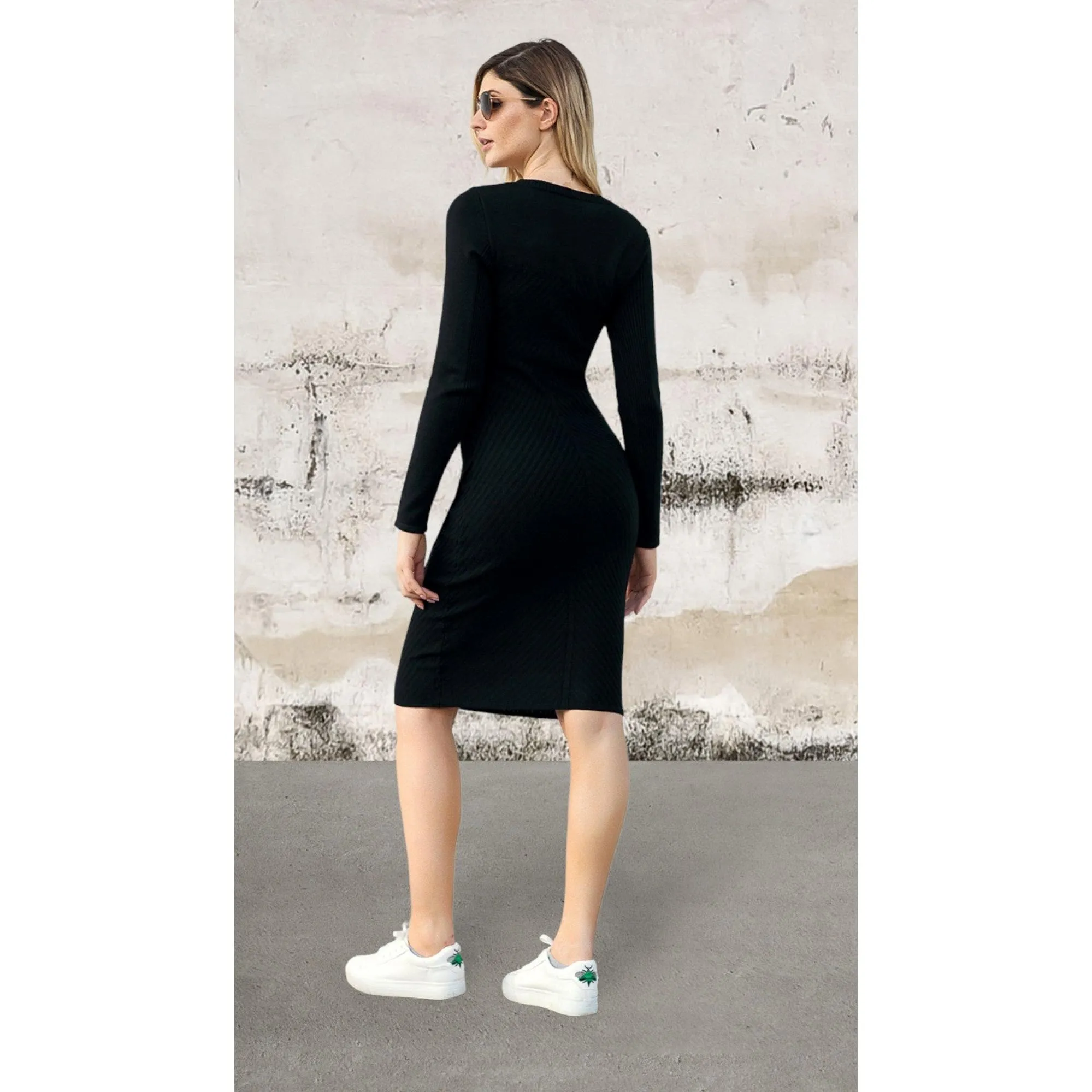 Long sleeve stretchy soft ribbed knit sweater dress