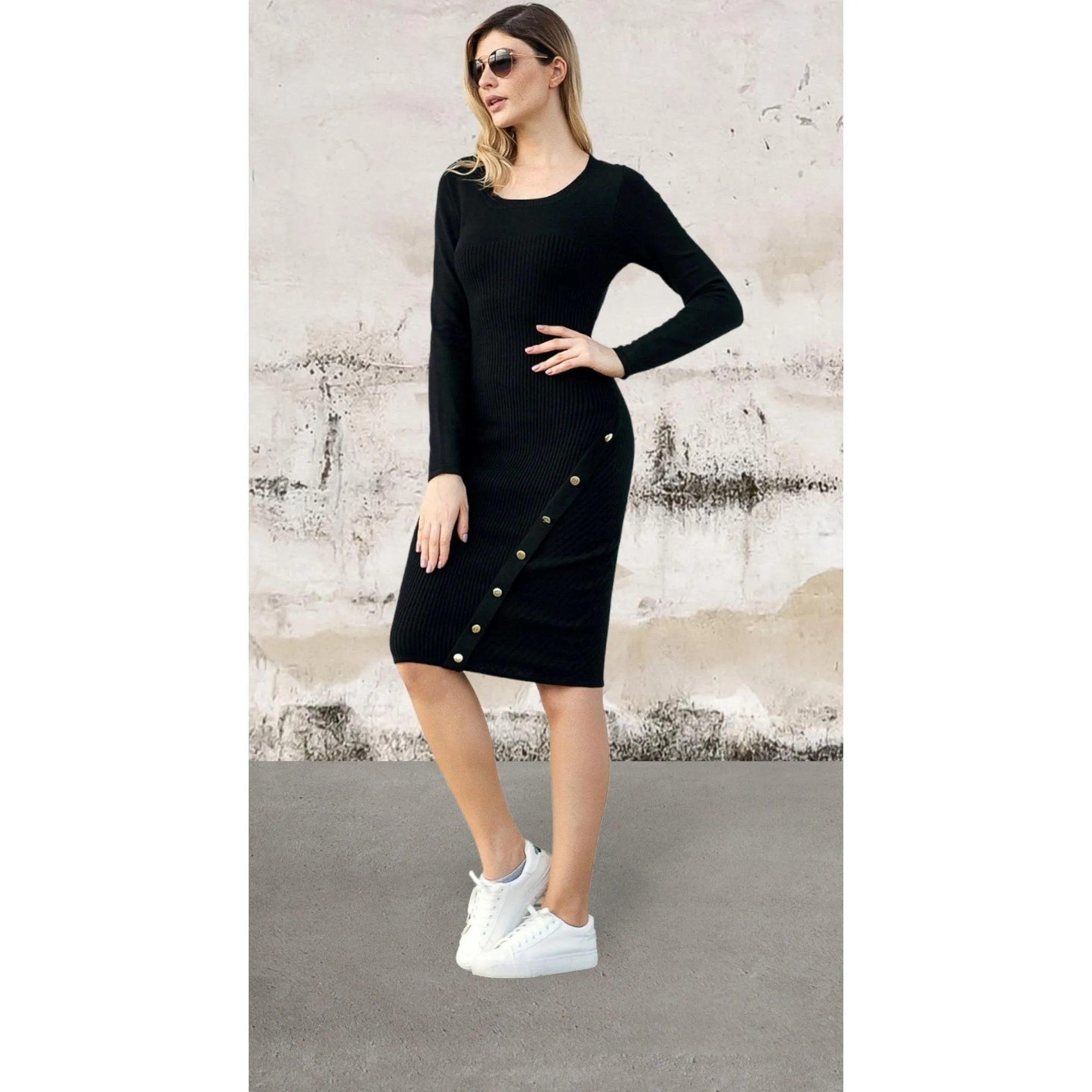 Long sleeve stretchy soft ribbed knit sweater dress
