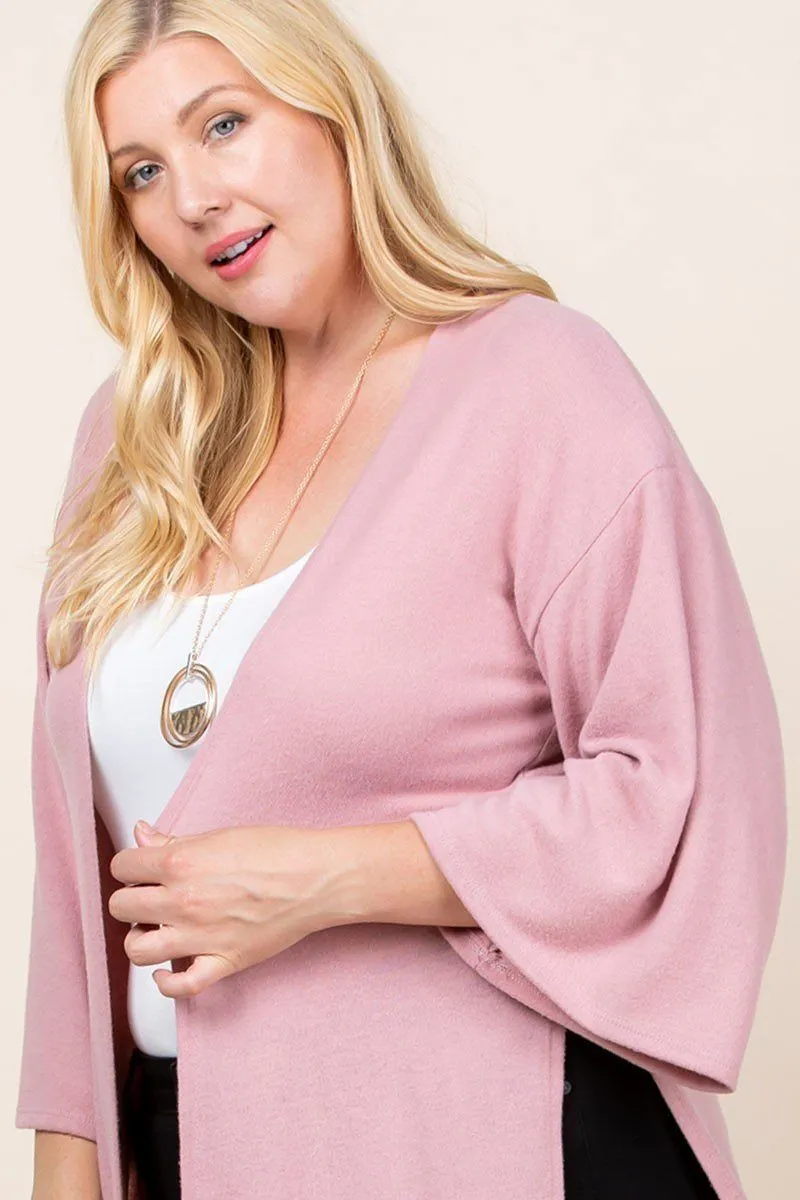 Mauve Plus Size Solid Hacci Brush Open Front Long Cardigan With Bell Sleeves
