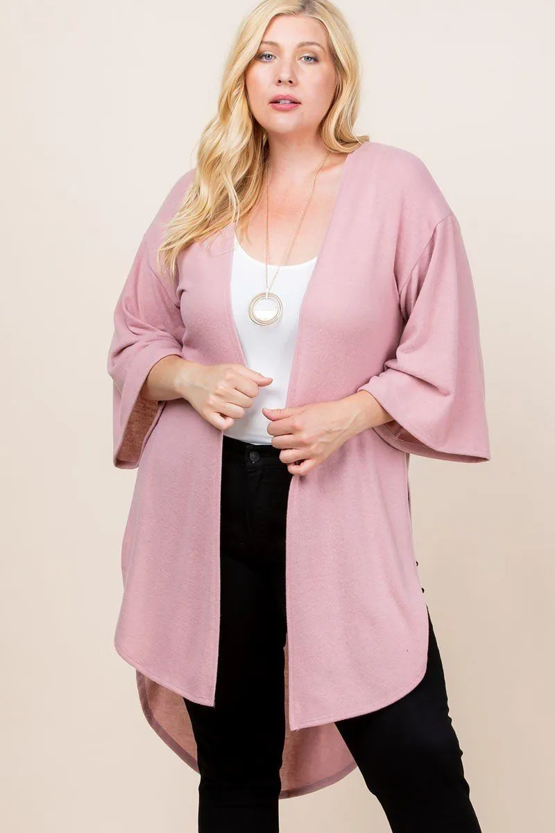 Mauve Plus Size Solid Hacci Brush Open Front Long Cardigan With Bell Sleeves