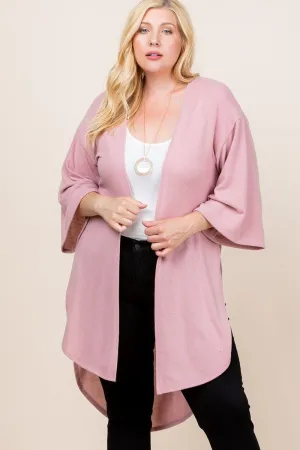 Mauve Plus Size Solid Hacci Brush Open Front Long Cardigan With Bell Sleeves
