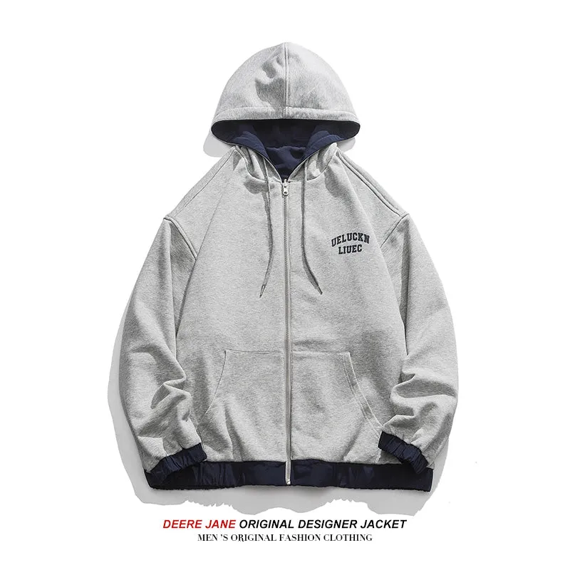 Men Cardigan Hoodie Spring Color Stitching Hoodie Male Loose Casual Jacket