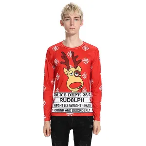 Mens Christmas Tops Elk Printing Long Sleeve T-Shirt
