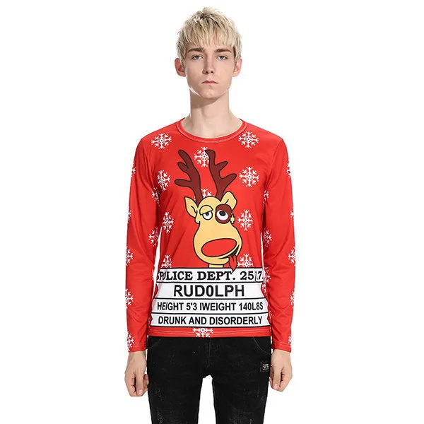 Mens Christmas Tops Elk Printing Long Sleeve T-Shirt
