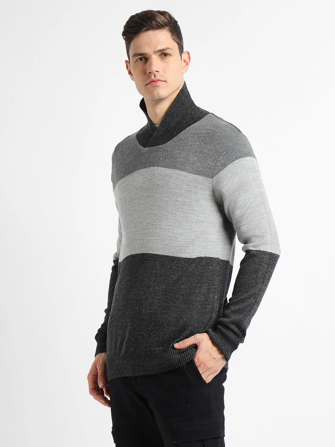 Men's Colourblocked Shawl Collar Long Sleeves Acrylic Pullover Sweater