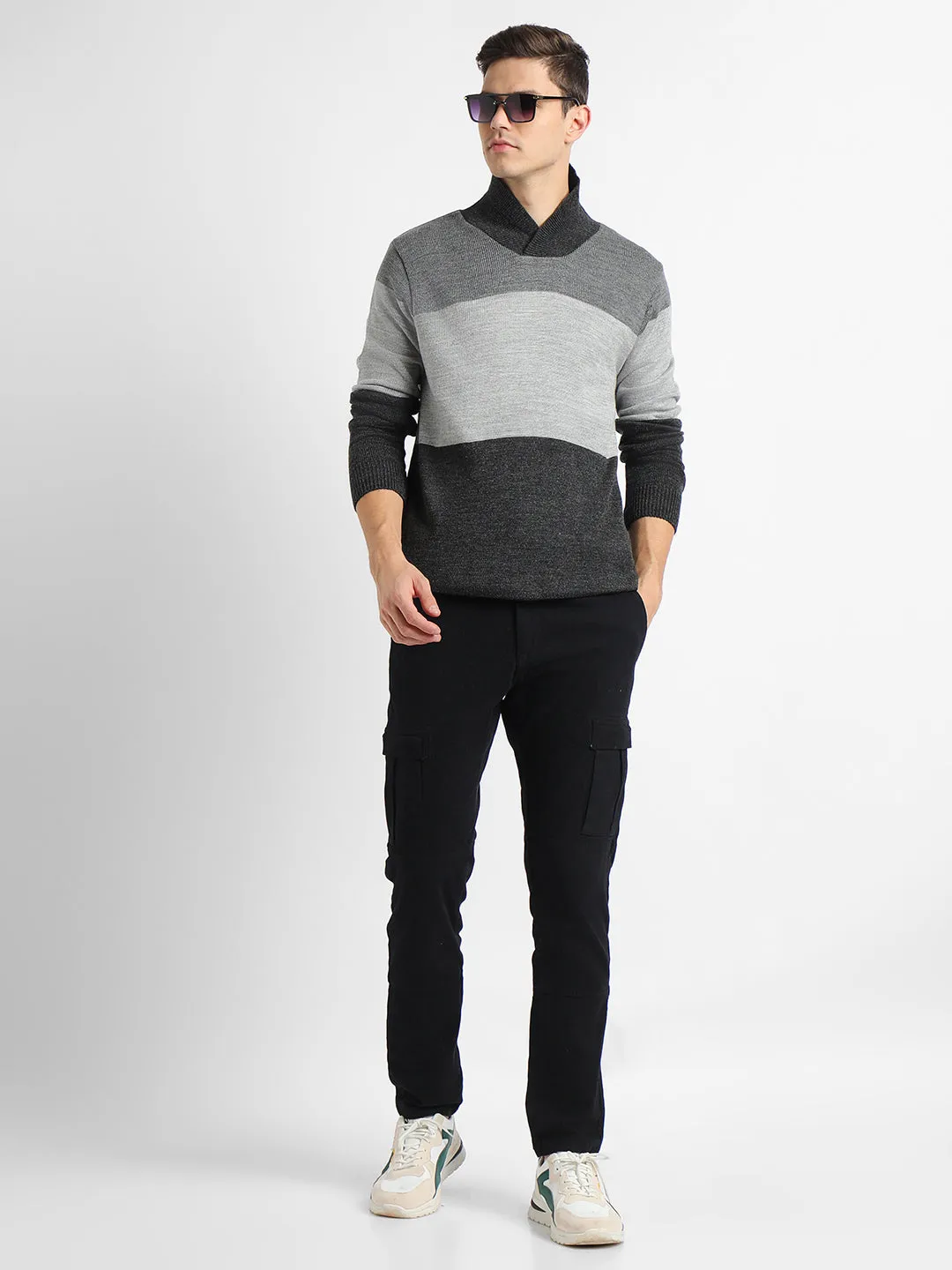 Men's Colourblocked Shawl Collar Long Sleeves Acrylic Pullover Sweater