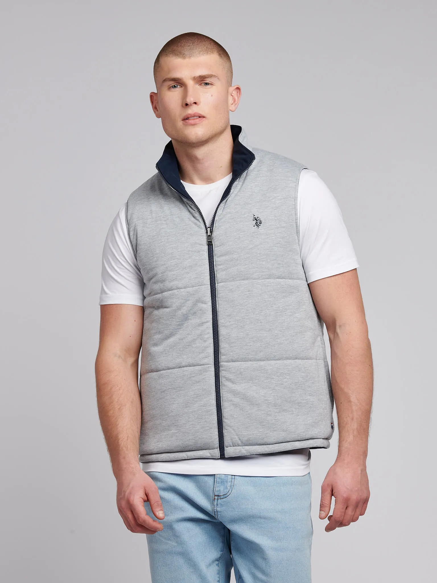 Mens Reversible Clean Front Jersey Lined Gilet in Dark Sapphire Navy / Moonlight Blue DHM