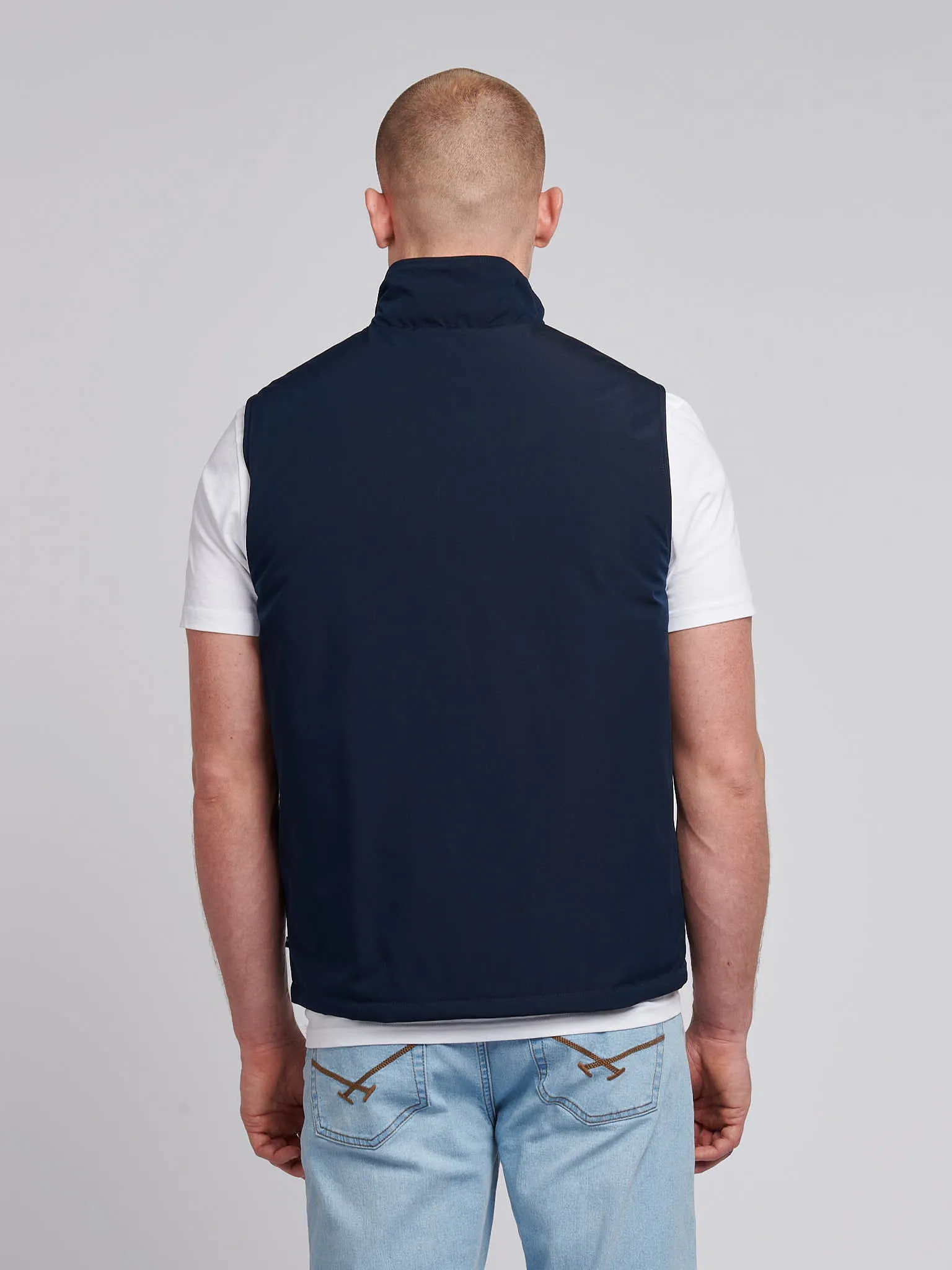 Mens Reversible Clean Front Jersey Lined Gilet in Dark Sapphire Navy / Moonlight Blue DHM