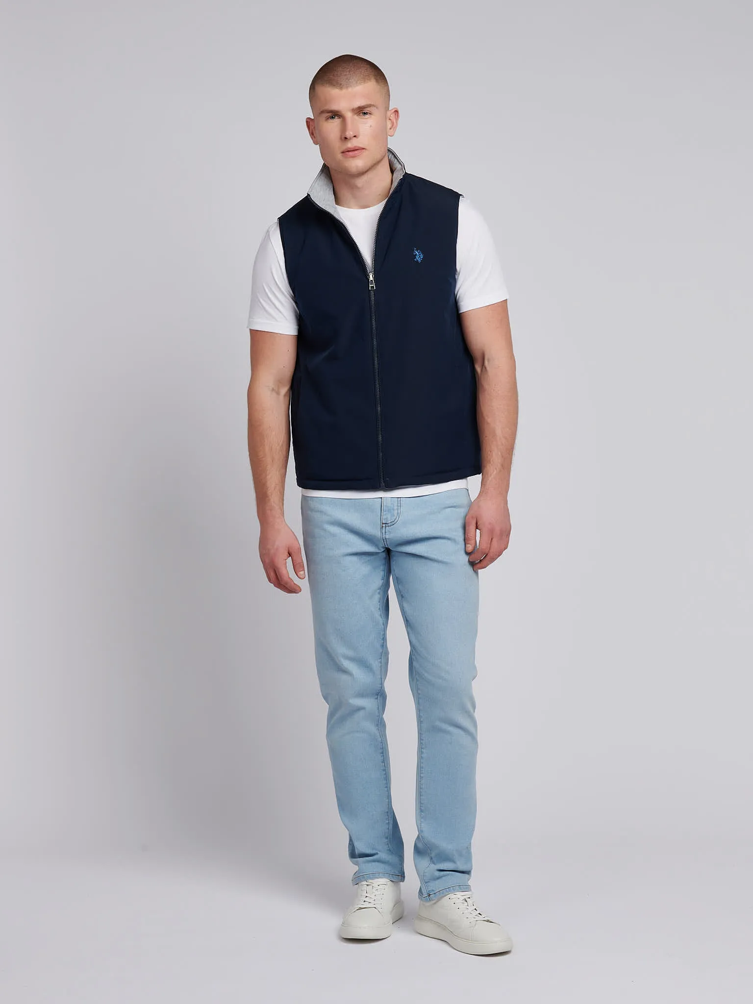 Mens Reversible Clean Front Jersey Lined Gilet in Dark Sapphire Navy / Moonlight Blue DHM