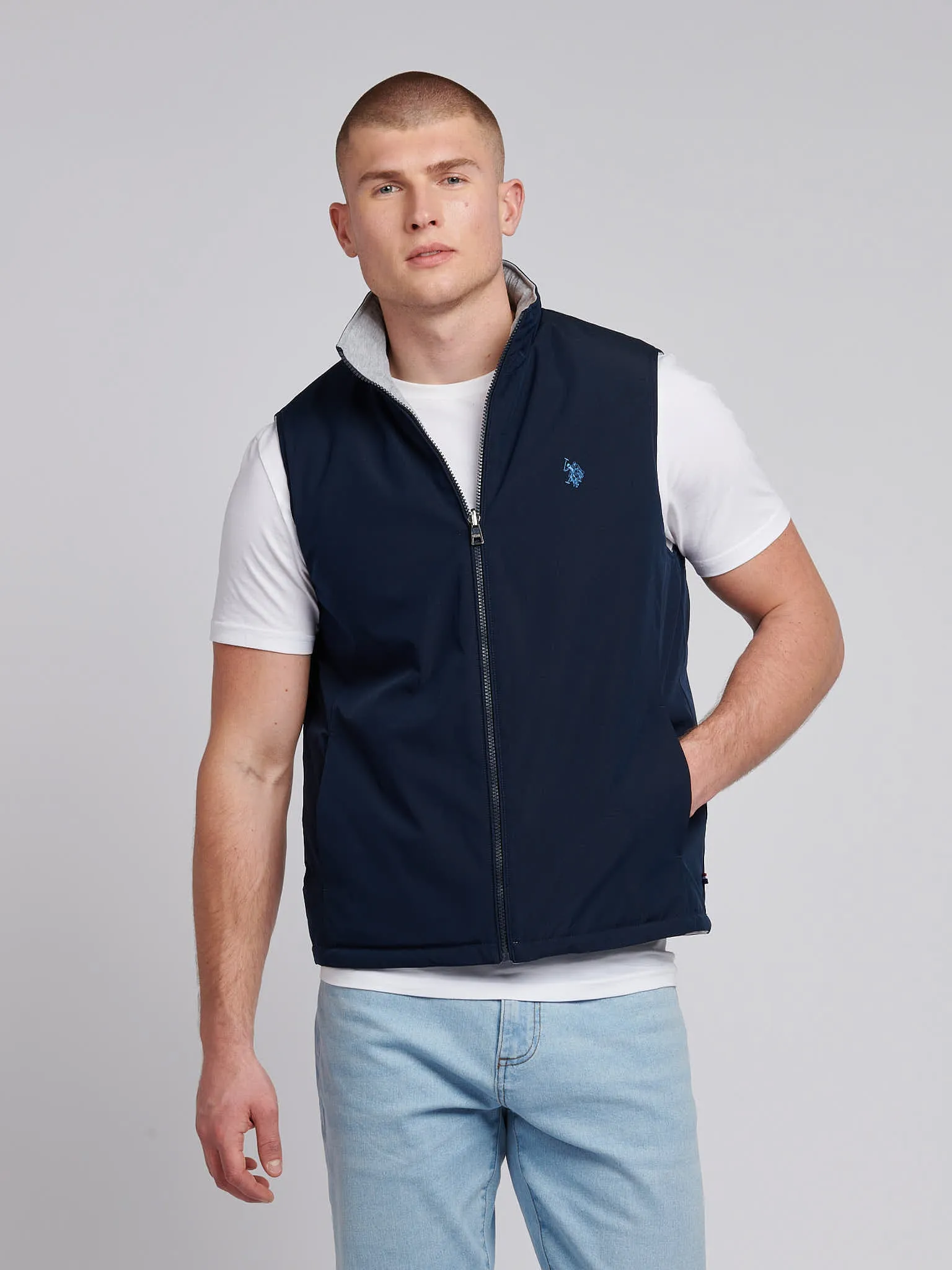 Mens Reversible Clean Front Jersey Lined Gilet in Dark Sapphire Navy / Moonlight Blue DHM