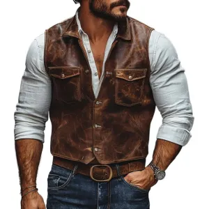 Men's Vintage Leather Lapel Single Breasted Slim Fit Vest 76693591M