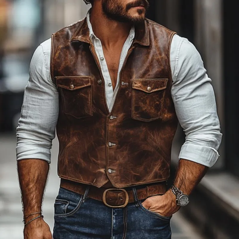 Men's Vintage Leather Lapel Single Breasted Slim Fit Vest 76693591M