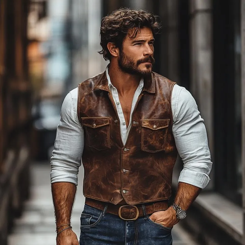 Men's Vintage Leather Lapel Single Breasted Slim Fit Vest 76693591M