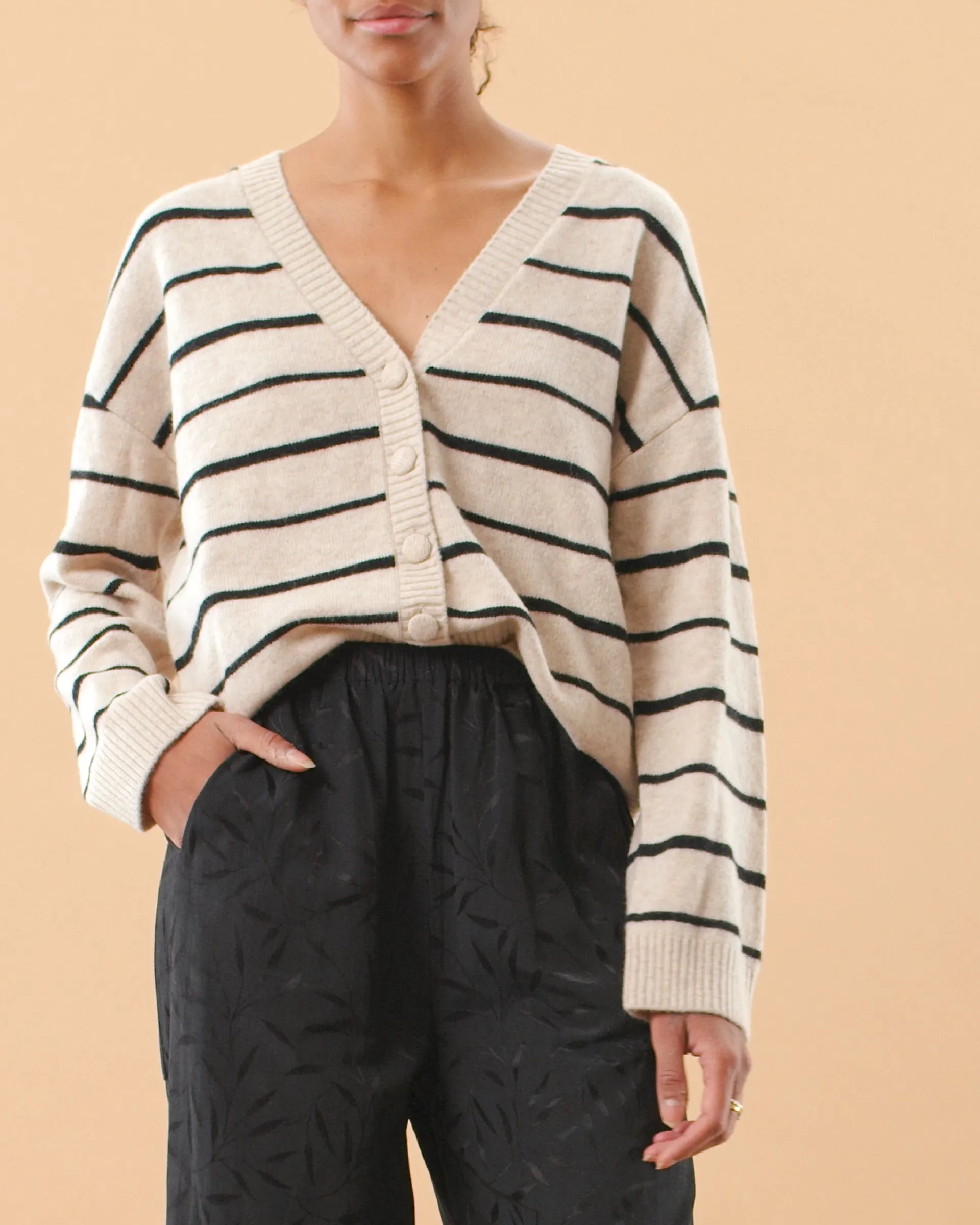 Merino Knit Cardigan - Beige Stripe