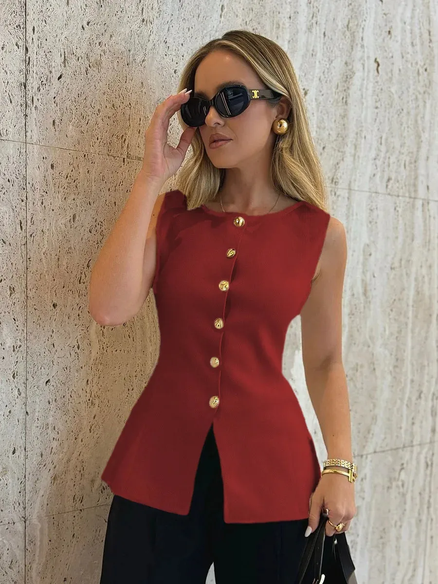 Metal Buckle Slit Knitted Vest  Slim Sleeveless Top