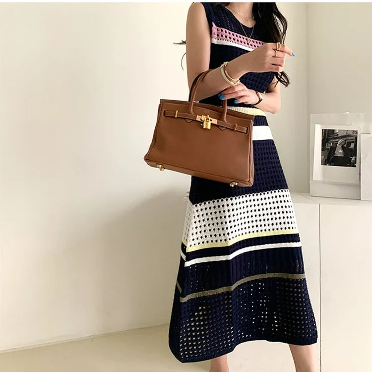 New Summer Fashion Hollow Out Knitted Dresses Women Sleeveless Striped Dresses