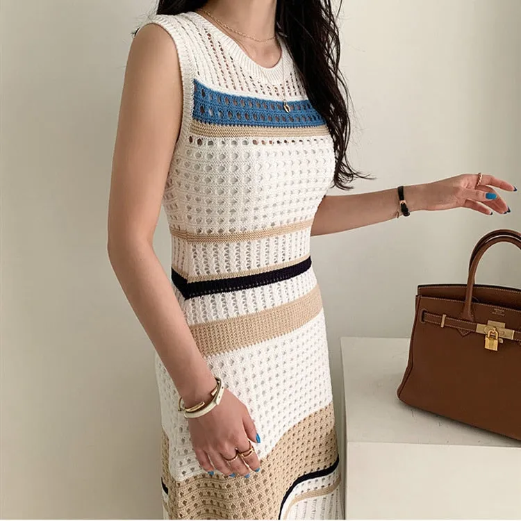 New Summer Fashion Hollow Out Knitted Dresses Women Sleeveless Striped Dresses