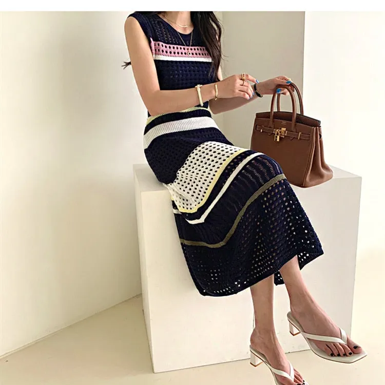 New Summer Fashion Hollow Out Knitted Dresses Women Sleeveless Striped Dresses