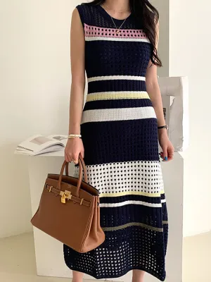 New Summer Fashion Hollow Out Knitted Dresses Women Sleeveless Striped Dresses