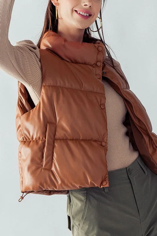 ON TO THE NEXT Faux Leather Rust-Brown Puffer Vest