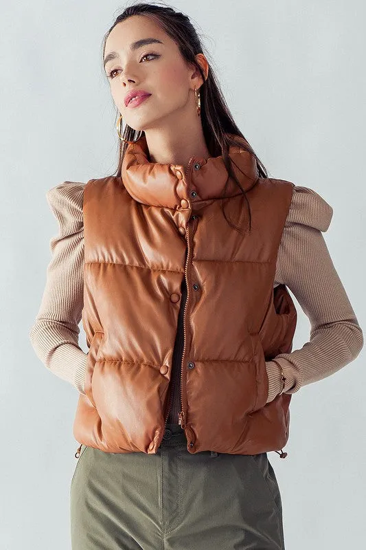 ON TO THE NEXT Faux Leather Rust-Brown Puffer Vest