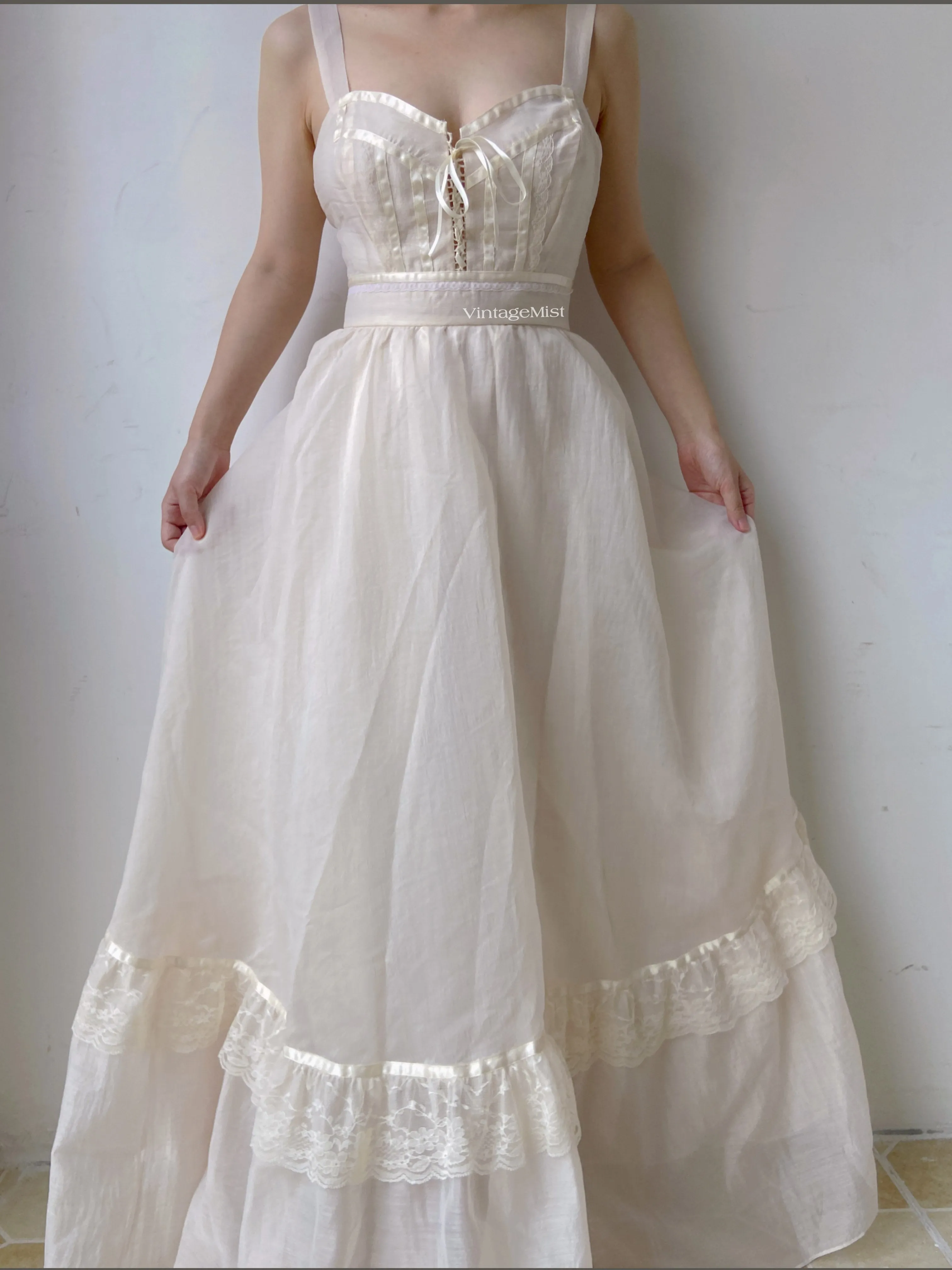Organza Lace Trim Strap Maxi Dress