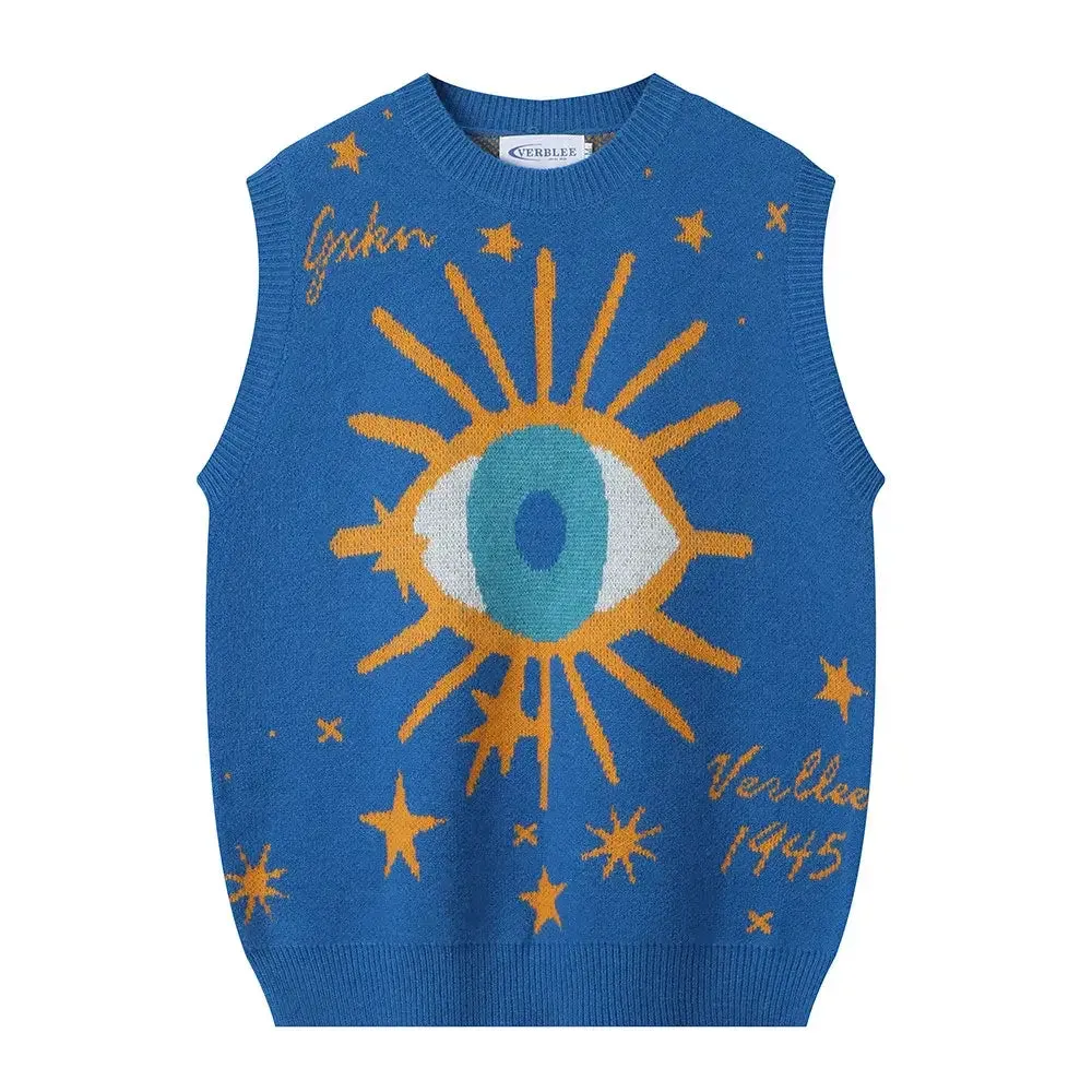 Oversized Eye Print Star Round Neck Vest