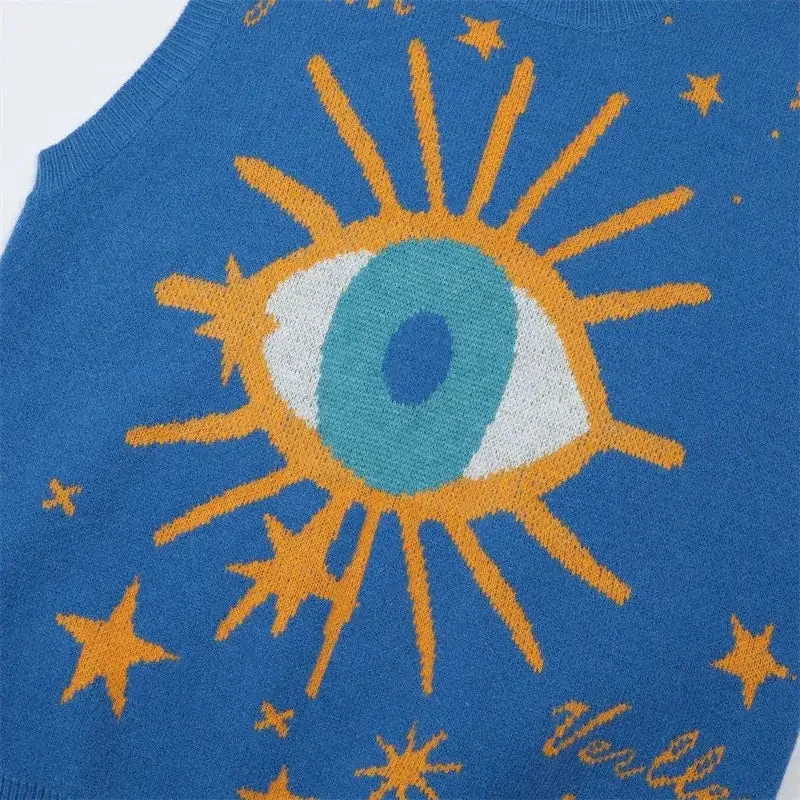 Oversized Eye Print Star Round Neck Vest