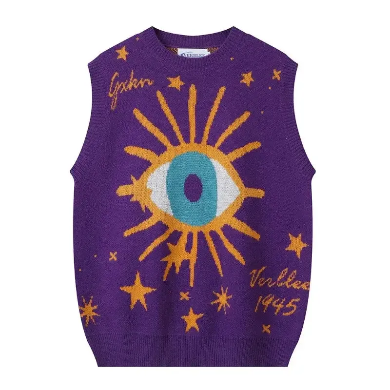 Oversized Eye Print Star Round Neck Vest