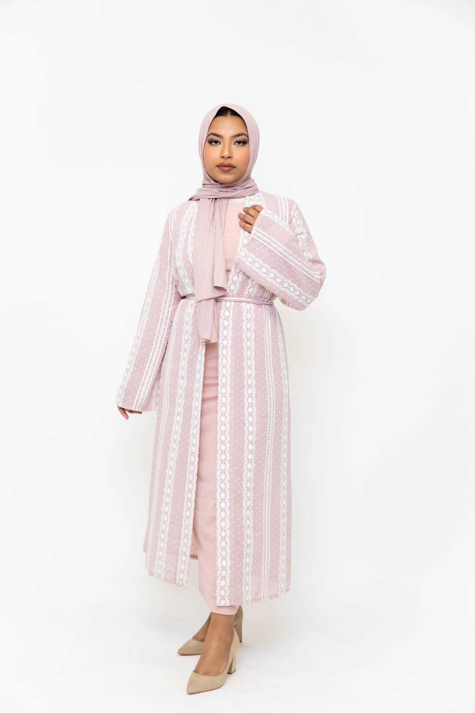 Pink Boho Lace Embroidered Sheer Midi Cardigan-CLEARANCE