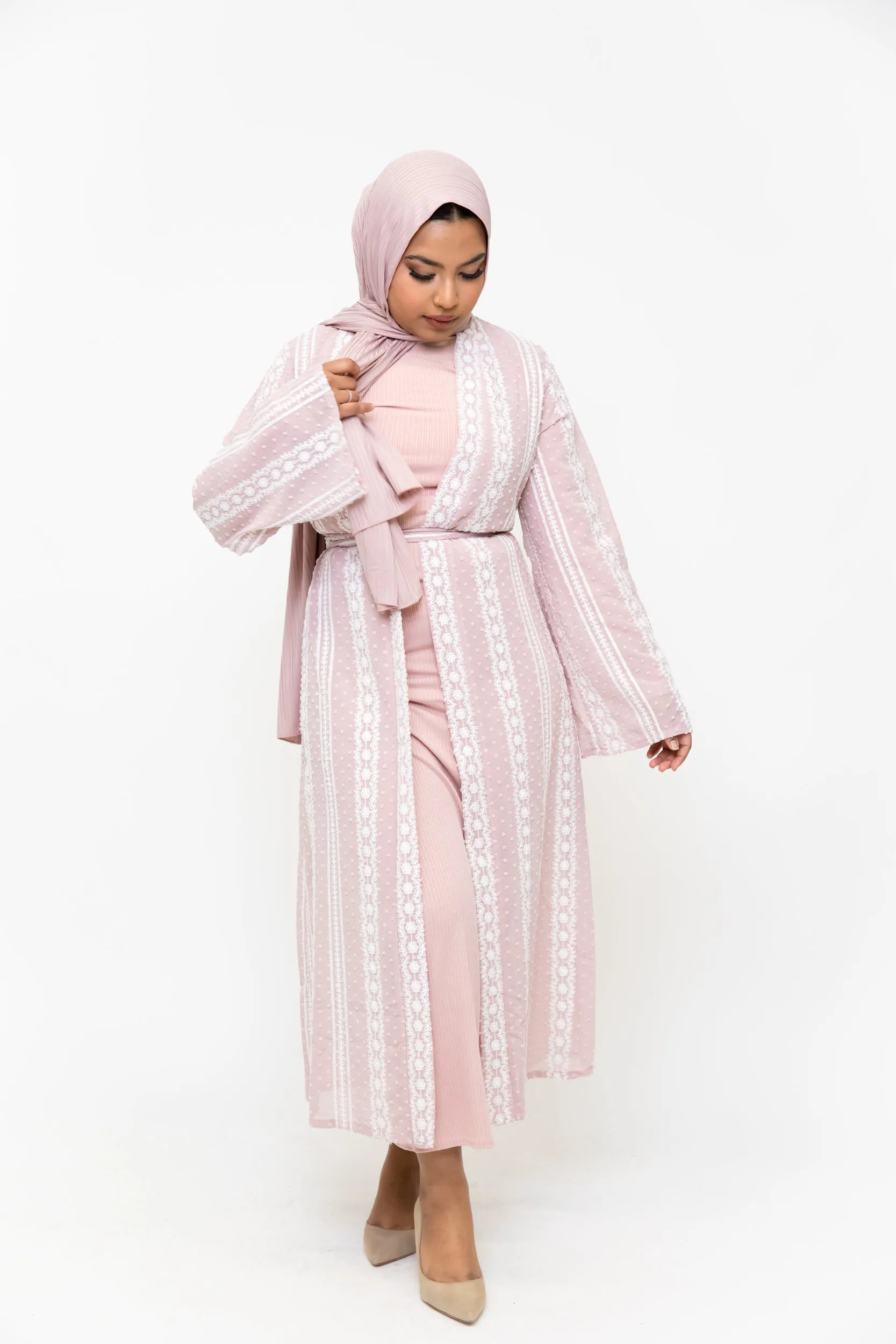 Pink Boho Lace Embroidered Sheer Midi Cardigan-CLEARANCE