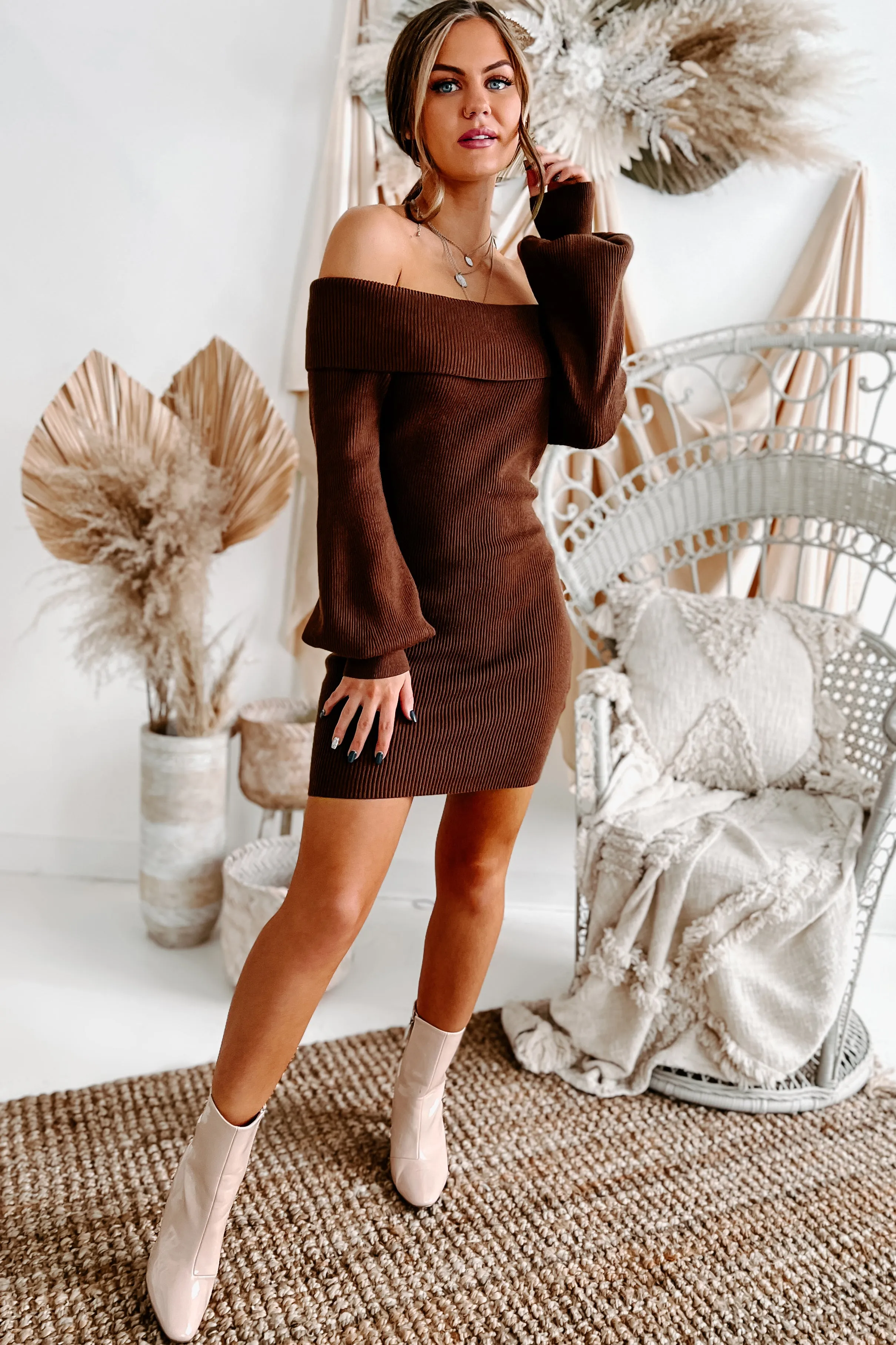 Ready For Tonight Off The Shoulder Ribbed Sweater Dress (Brown)