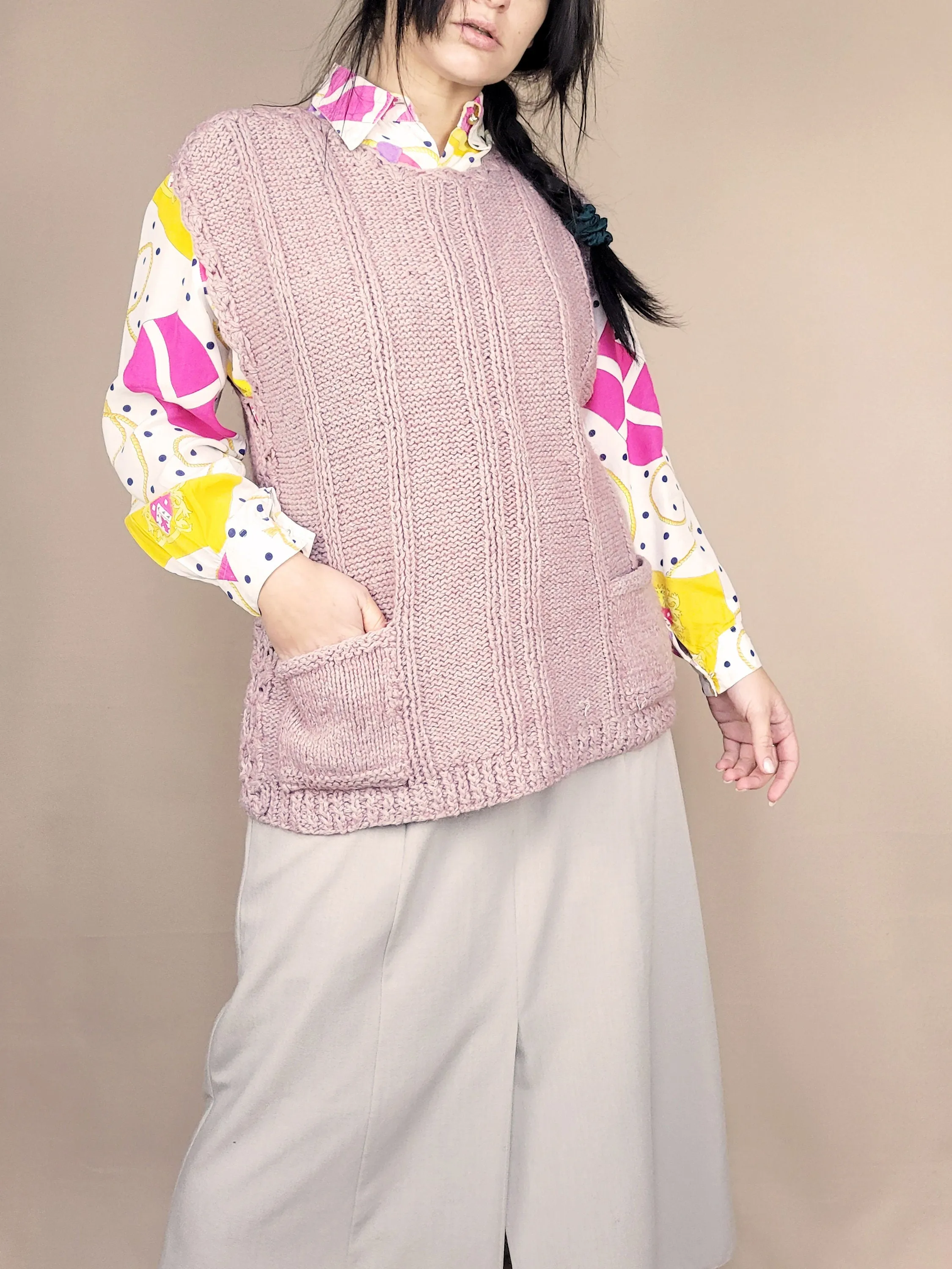 Retro 90s minimalist lilac pink cable knitted vest jumper