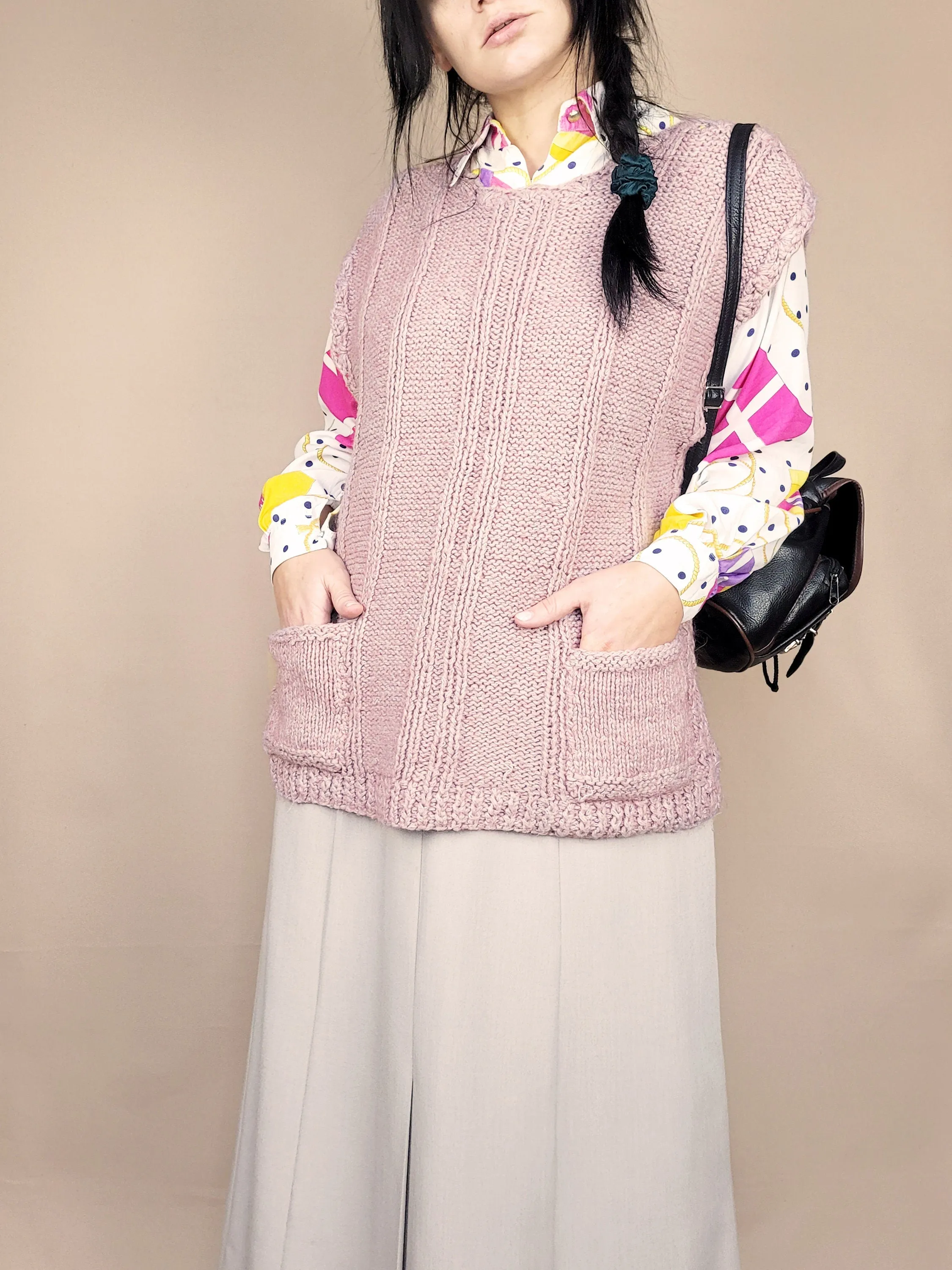 Retro 90s minimalist lilac pink cable knitted vest jumper