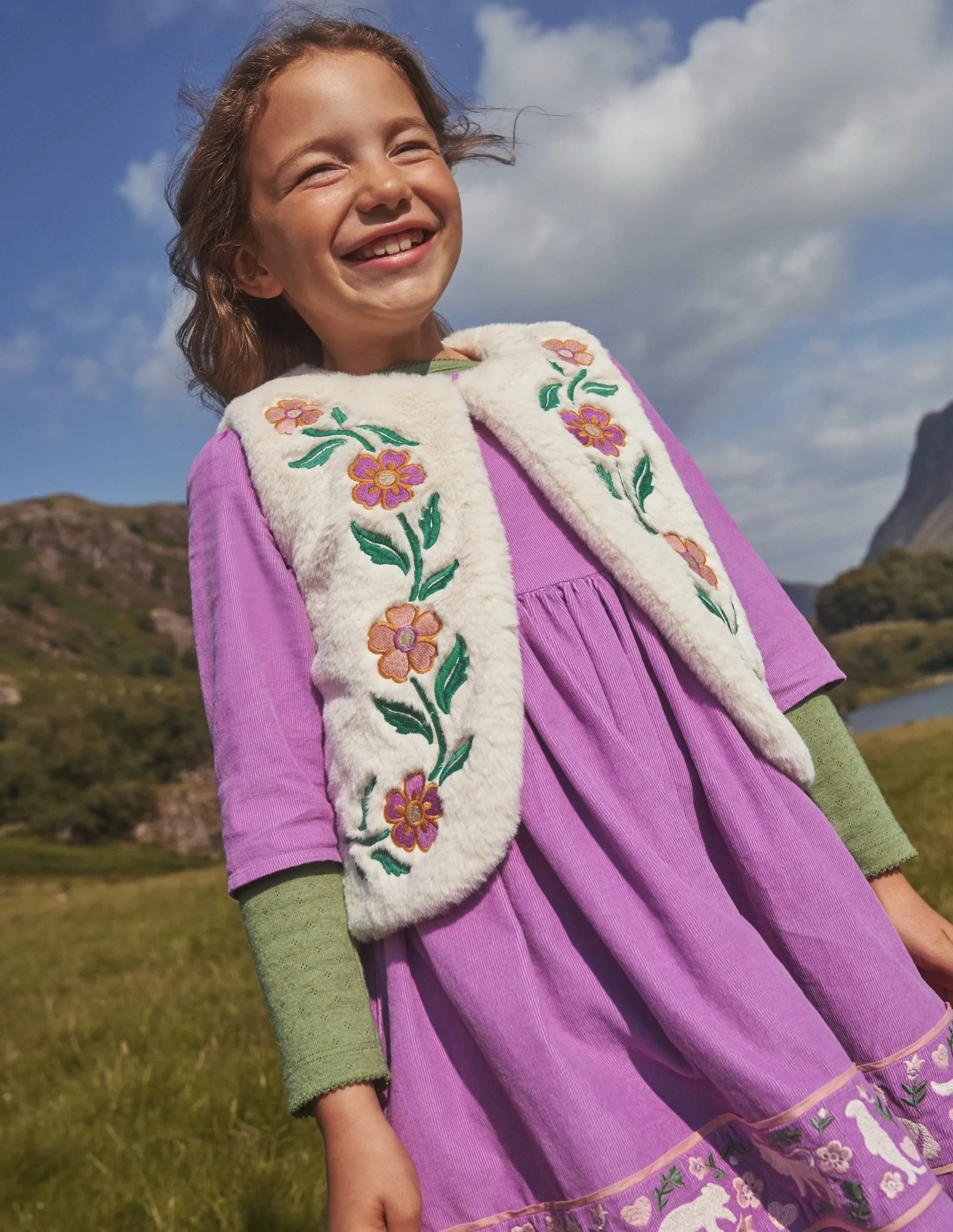 Reversible Faux Fur Gilet-Natural Ivory Floral